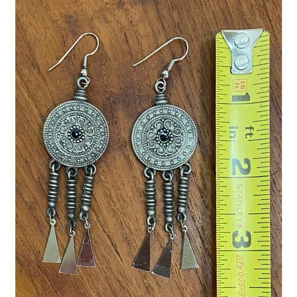 Vintage Boho Tribal Dangle Earrings Antique Silver-Tone Marked JJ 1986 - Picture 4 of 5